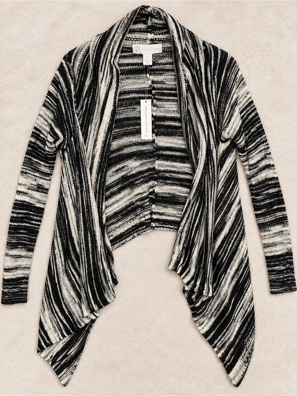 NY&C Black White Marled Waterfall Draped Cardigan Sweater M NWT